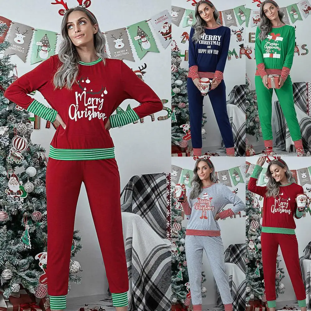

Women Long Sleeve Blouse Pants Letters Stripes Christmas Pajamas Sleepwear Set Women's Clothing пижама женская pijama feminino