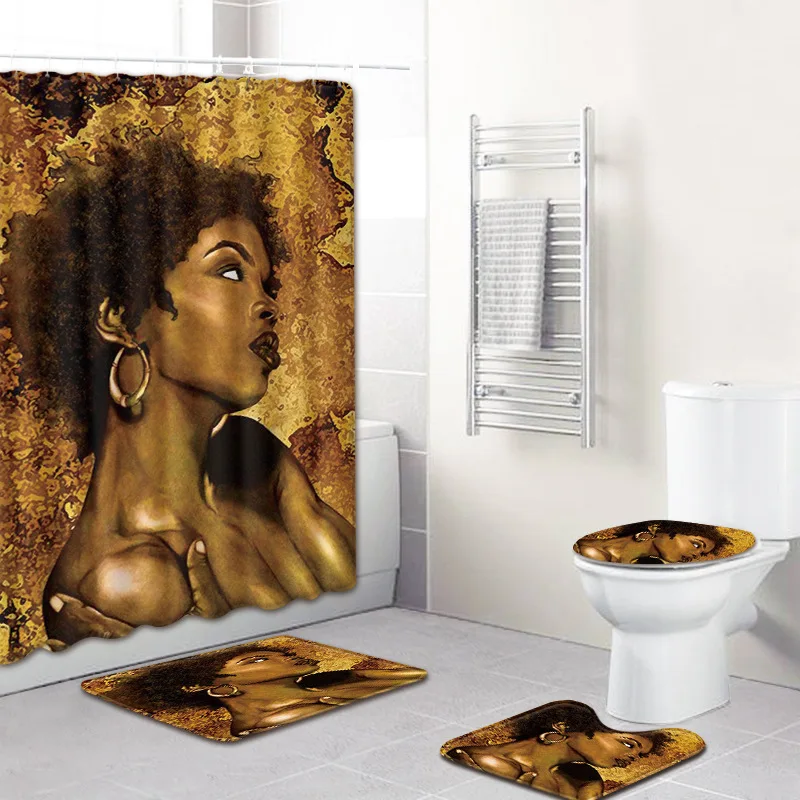 

African Girls Printed Bathroom Rug Set Four-piece Waterproof Polyester Fabric Shower Curtains Absorbent Non-slip Mat