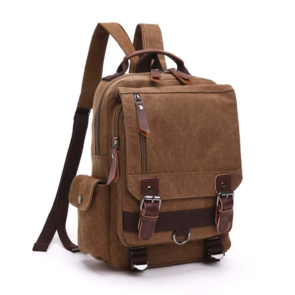 Рюкзак из холста для школы и активного отдыха с кожаными ручками и сумкой через плечо (Кофе)