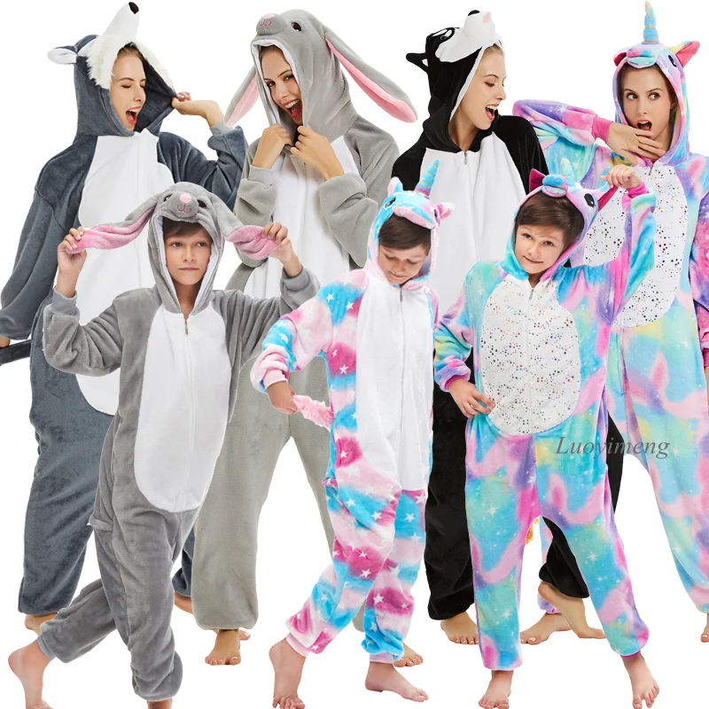 

2020 Winter Family Halloween Christmas Clothing Kids Adults Women Flannel Animal Pajamas Set Sleepwear Unicorn Kigurumi Onesies