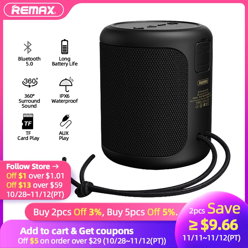 

Remax Outdoor Portable Speaker Bluetooth Wireless Deep Bass 10W IPX6 Waterproof Hands Aux TF Play Music BoomBox 20H Playtime