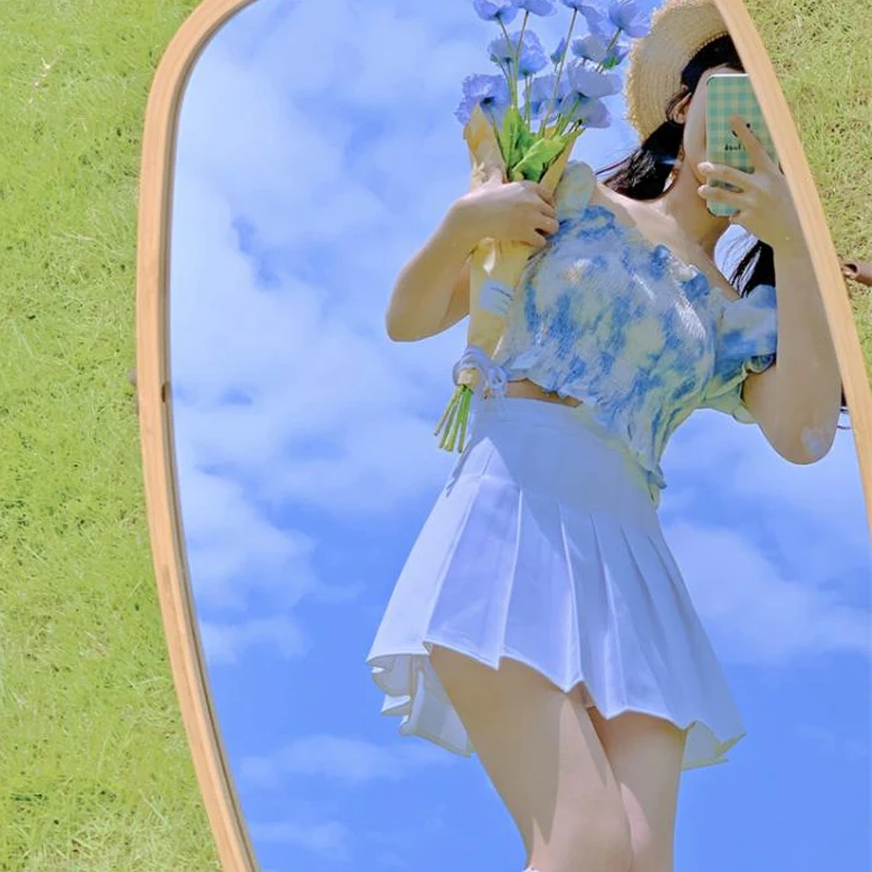 

Sweet Kawaii Soft Girly Casual Tie Dye Blue Shirt And Skirt Women Set Spring Sexy Slim Preppy Style Kawaii Skirts Female