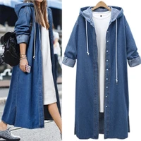solid color lace up hooded trench womens loose denim coat spring autumn fashion long high street style cardigan trench 002