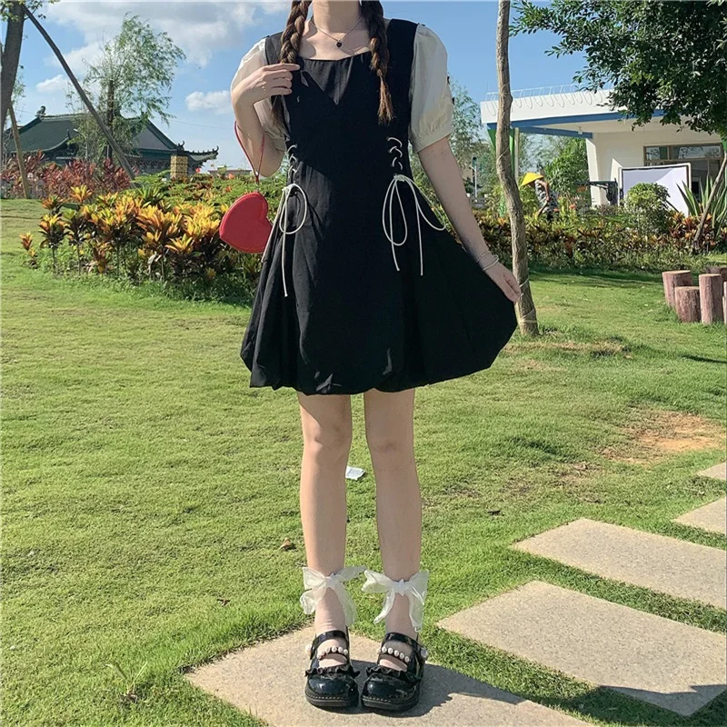 

Japanese Sweet Girl Blakc Patchwork Women Dress 2021 Summer Square Collar Puff Sleeve Bandage Elegant Lolita Fairy Dress Vestid