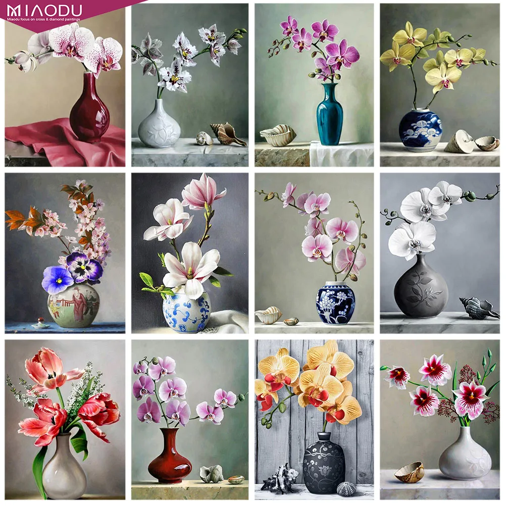 

5D DIY Diamond Painting Orchid Rhinestone Picture Flower Diamond Embroidery Vase Cross Stitch Mosaic Drill Landscape Home Decor