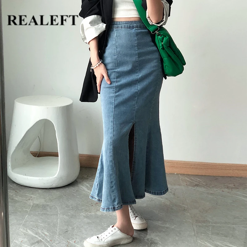 

REALEFT 2021 New Autumn Women's Denim Skirts Fashionable High Waist Slim Fishtail Bottom Split Vintage Ladies Long Skirts Female