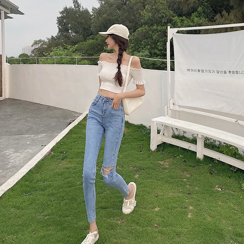 

2021 Spring Women Jeans High Waist Denim Skinny Pencil Pants Korean Style Vintage Solid Color Casual Ripped Jeans Trousers