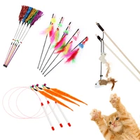 pet cat teaser toys feather linen wand cat catcher teaser stick cat interactive toys wood mouse toy with mini bell