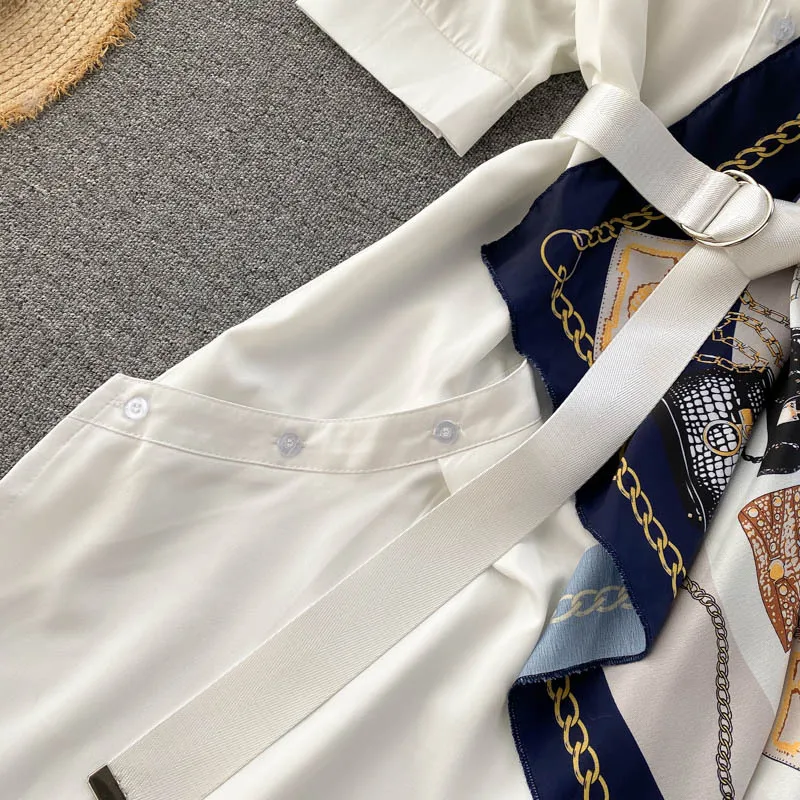 

Ladies Spring Summer New 2021 Irregular Satin Print Stitching Dress Polo Neck Short Sleeve Belt Temperament Sexy Dress