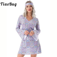 2pcs women vintage cosplay costume hippie girl flared sleeves dress with headband set for disco theme party performance