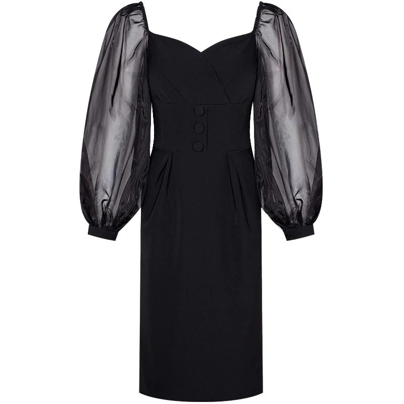 Новинка женское винтажное черное платье YIGELILA прямое с рукавами фонариками