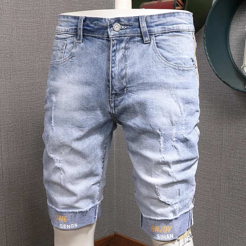 Men Ripped Jeans Shorts Summer Fashion Printed Light Blue Slim Fit Mens Denim Shorts