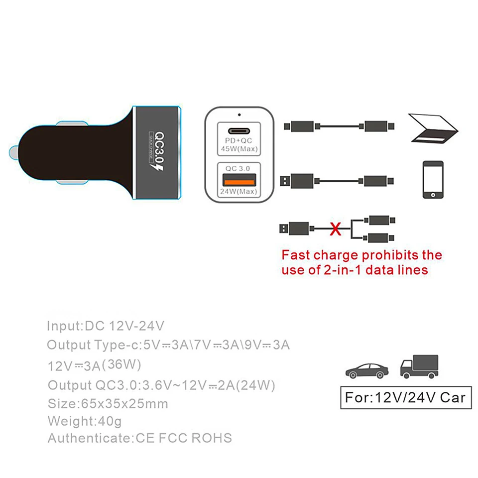 USB-C зарядное устройство 60 Вт PD + QC3.0 быстрое автомобильное для iPhone 12 Pro Max 11 XS MAX 8 Macbook