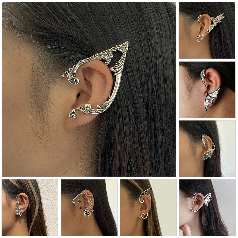 

Dark Elf Gothic Ear Cuff Earring Punk Fairy Bat Wing Earcuff No Piercing Earrings Demon Heart Leaf Hollow Earcuff Snake Earrings
