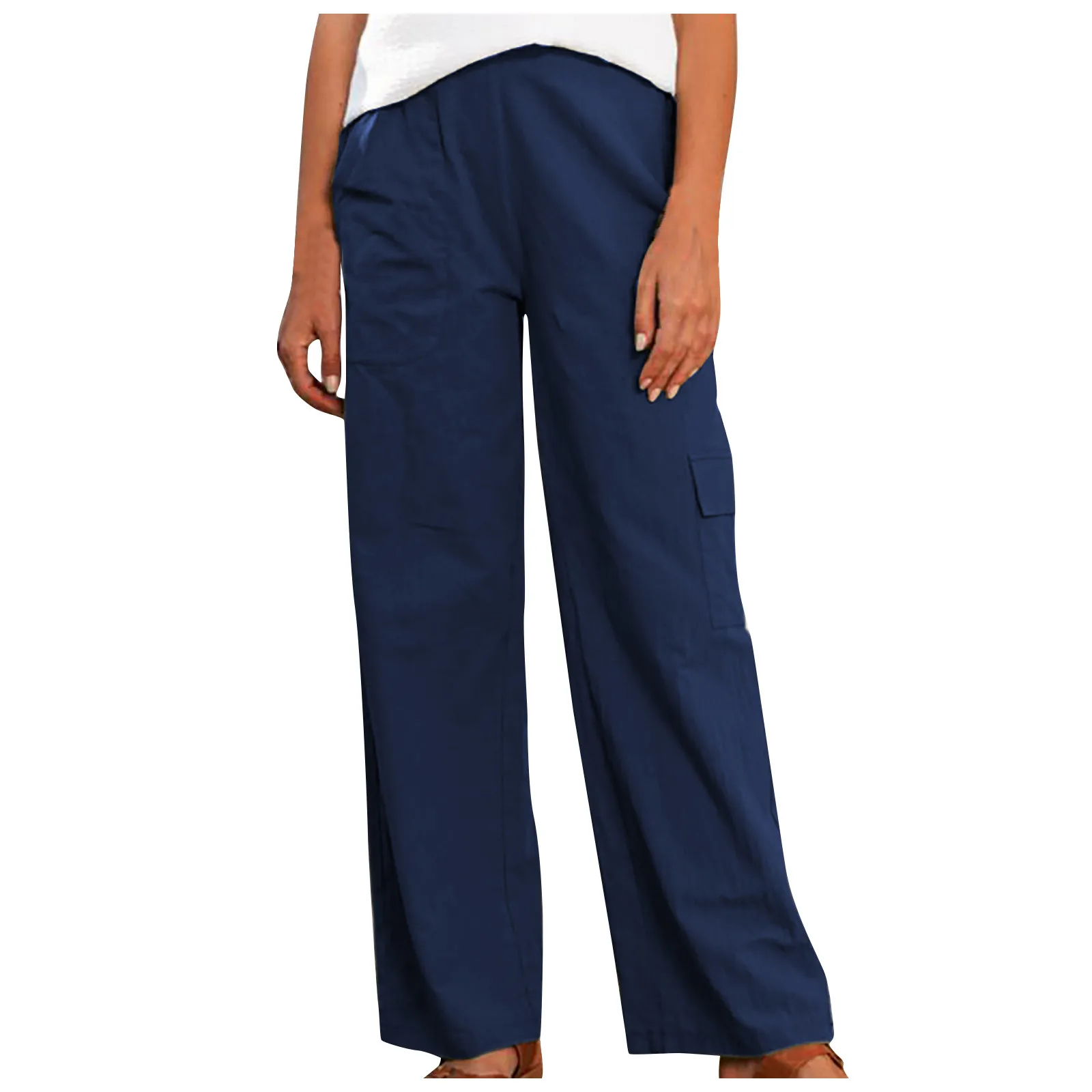 

Women Pants Linen Multi-pockets Solid Casual Pants Loose Long Trousers Overalls Pants