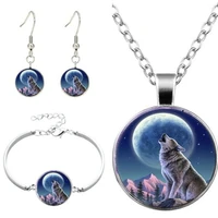 wolf howl moon cabochon glass pendant necklace bracelet bangle earrings jewelry set totally 4pcs for women fashion sweater chain