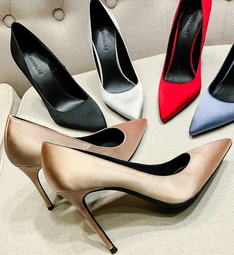 Черные шелковые атласные вечерние туфли на высоком каблуке женские пикантные