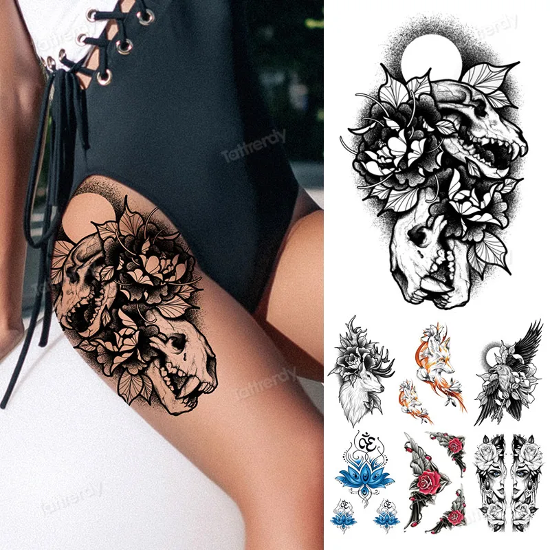 

temporary tattoo sticker women leg thigh arm black sketch flower skull moon sexy tatoo for women girls body art big large tattoo