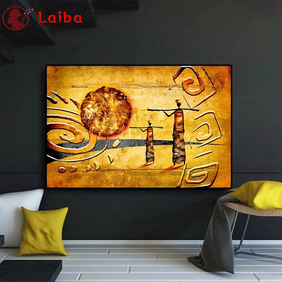 diamond painting Abstract golden art, retro African characters at sunset diy full square drill diamond embroidery round diamond