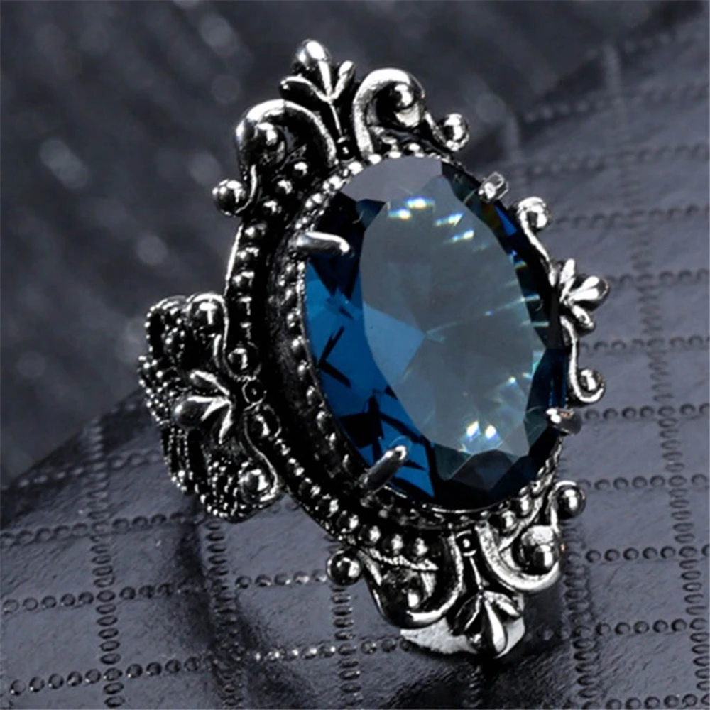 Женские Винтаж кольцо Aqua Blue гусиное яйцо полу-кольцо с драгоценным камнем