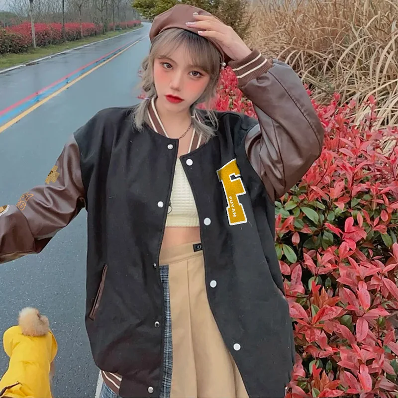 

Хип-хоп бейсбольная куртка для женщин и мужчин 3D буква F Японская уличная одежда Harajuku колледж кожаная Лоскутная Куртка бомбер женская униве...