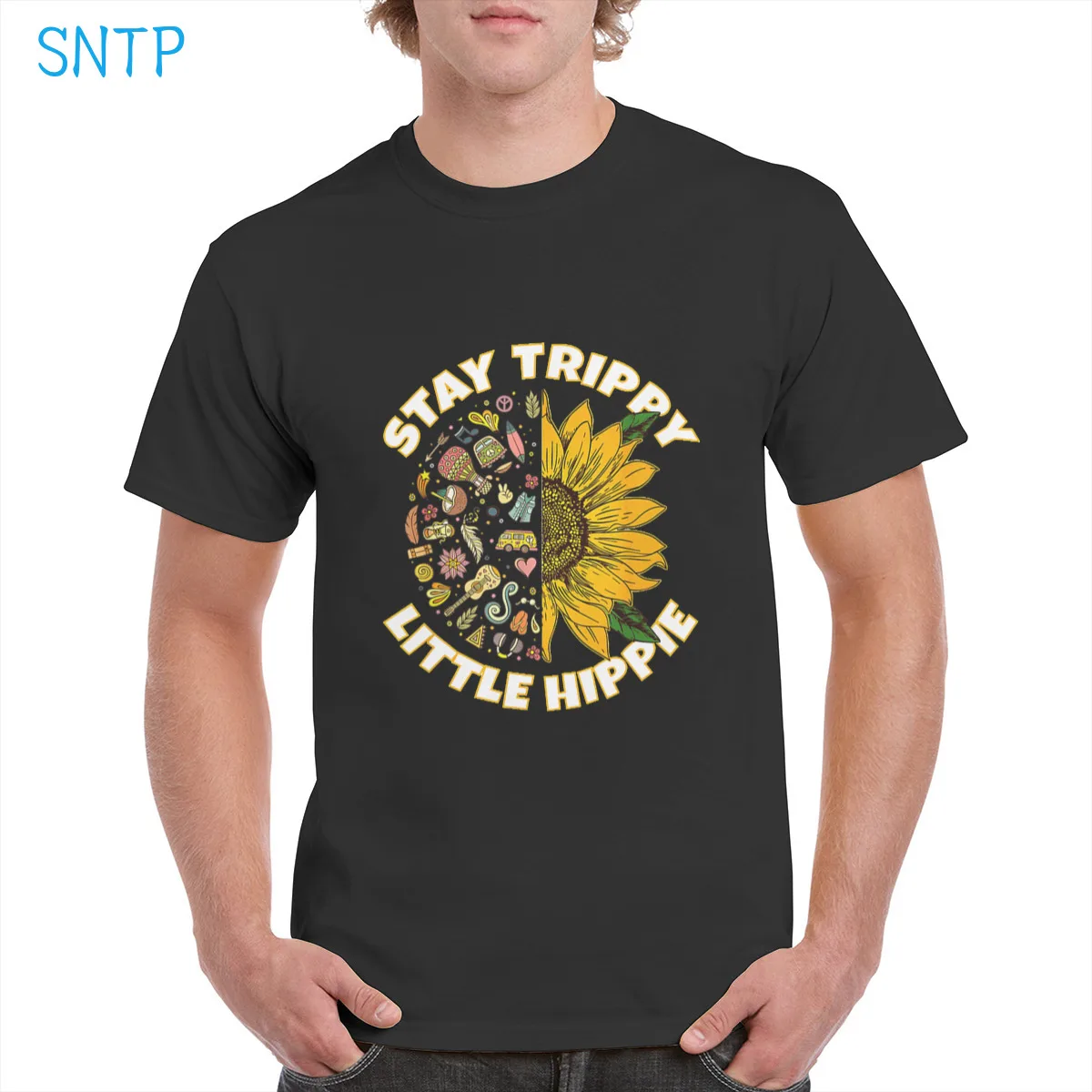

Stay Trippy Little Hippie Sunflower black t shirt Harajuku design shirt Cotton graphic Oversized Top Female/Man white T-shirt