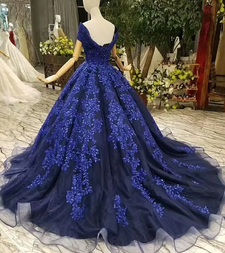 Navy Blue Luxurious Big Skirt Handmade Lace Wedding Dress Bridal Gown