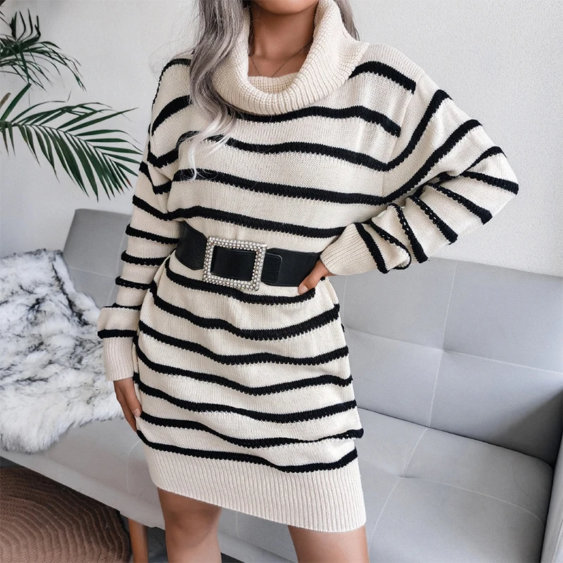 

Autumn Elegant Women Long Sleeve Party Dresses Fashion Warm Turtleneck Striped Knit Sweater Dress Lady Casual Loose Jumper Dress
