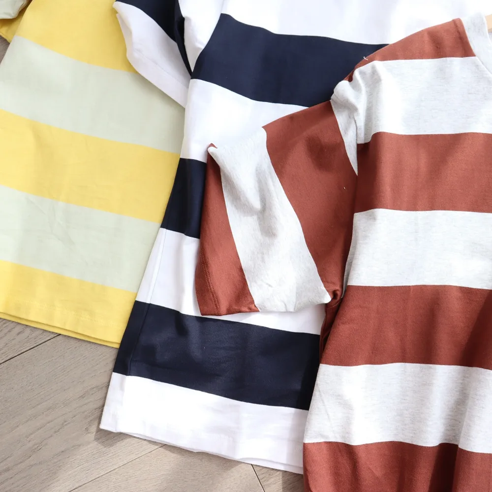 

New Style Spring Summer Classic Smiley Face Design Loose Stripe Color Matching Cotton Round Neck Short Sleeve T-shirt Unisex A3