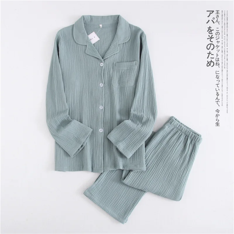 

Japanese new cotton crepe men's long-sleeved + trousers pajamas spring and autumn thin couple home service suit ladies pajamas