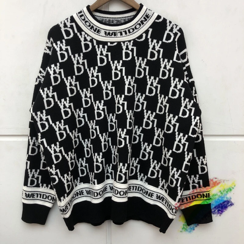 

Трикотажный Свитер 2021fw We11done для мужчин и женщин, Высококачественный жаккардовый свободный жаккардовый свитер с круглым вырезом и логотипо...