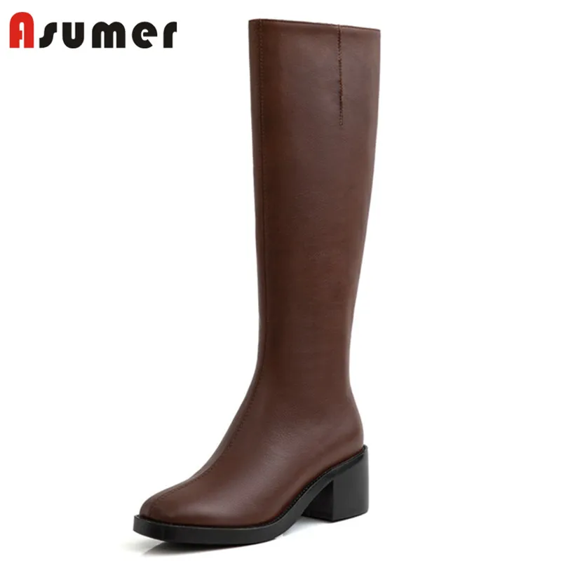Женские сапоги до колена Asumer из натуральной кожи с квадратным носком