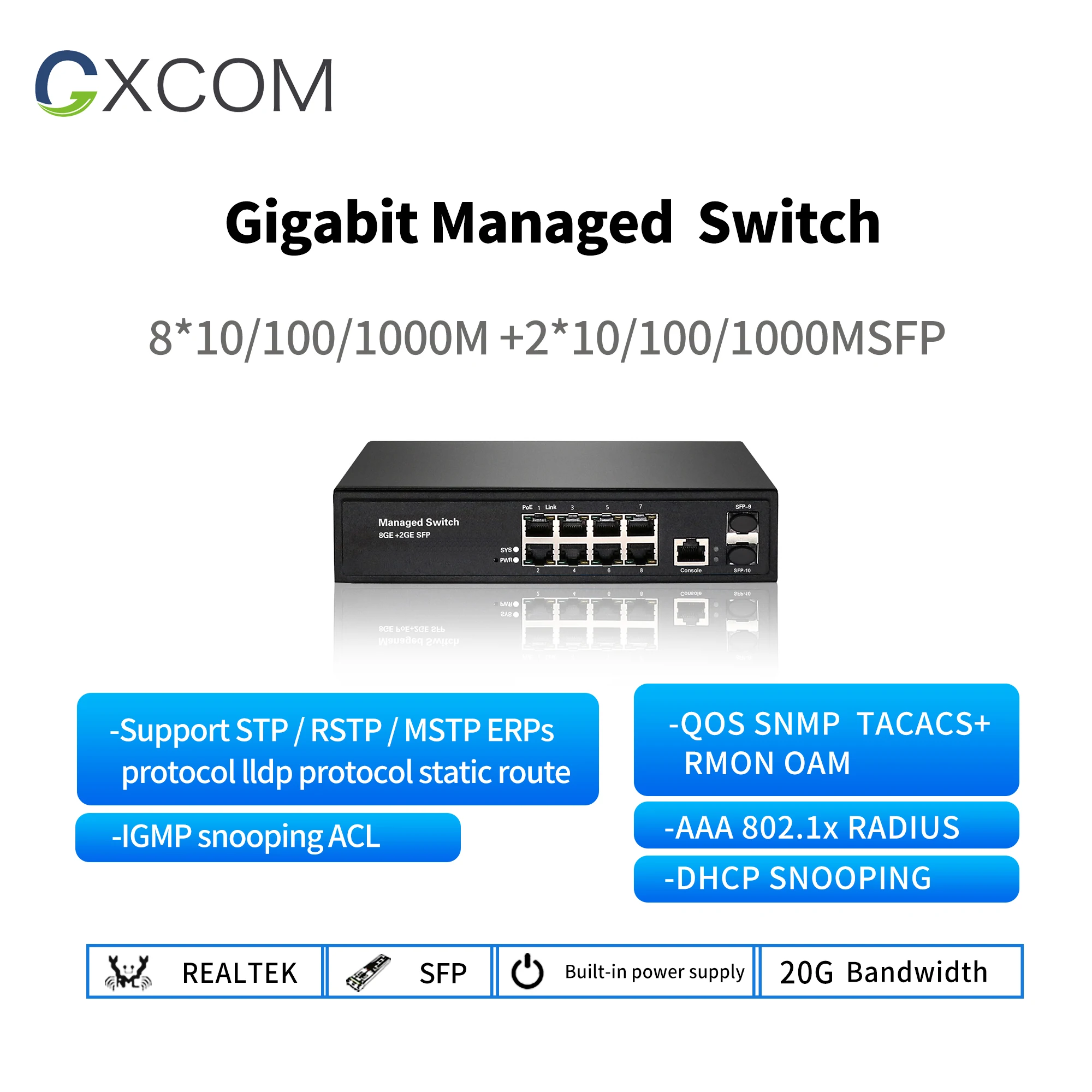 8-Port Full Gigabit Managed  Switch with 2 SFP Slots with managment /vlan/ RSTP/SNMP fiber switch