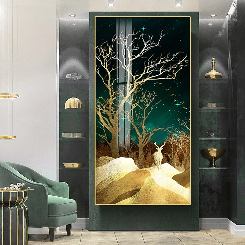 

Golden Plant Tree Fawn Posters and Prints Modern Hotel Living Room Home Decoration Canvas Painting Abstract Atmospheric Wall Art