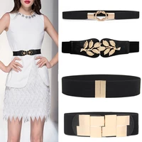 wide elastic waist belt black women stretch waistband dress wide belt corset waistbands fashion gold leaf metal buckle for skrit