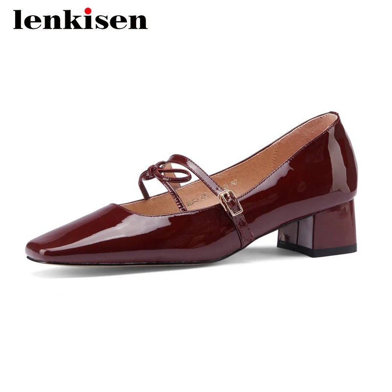 

Lenkisen french romantic cow patent leather butterfly-knot vintage square toe thick med heel buckle straps dress women pumps L63