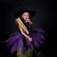purple black girls witch tutu dress with hat kids halloween cosplay witch costume clothes tulle fancy girls carnival party dress