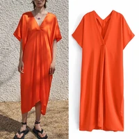 kumsvag women summer solid loose casual dresses 2021 za short sleeve v neck female elegant plus size mid calf dresses clothes