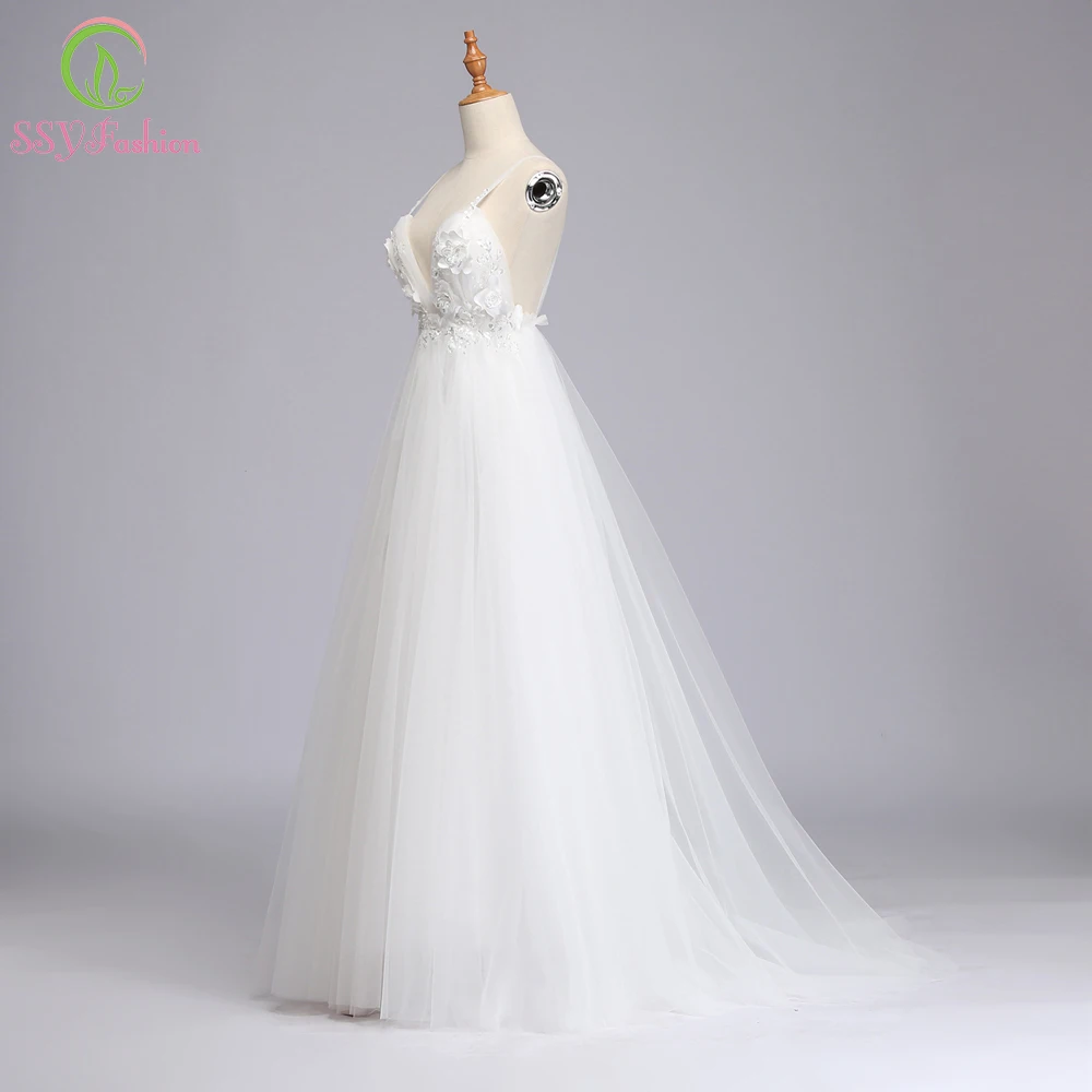 SSYFashion Новое Белое пляжное платье сексуальное глубокое v-образным вырезом кружевное цветочное Бисероплетение с открытой спиной с коротким шлейфом длинное вечернее платье для выпускного вечера Robe De Soiree