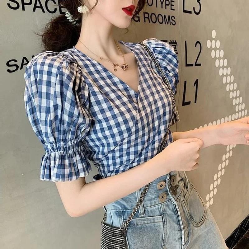 

Women Sets Short Puff Sleeve V-neck Blouse Bow Elegant Vintage Denim Shorts Slender Summer Korean Preppy Hipsters Street Wear