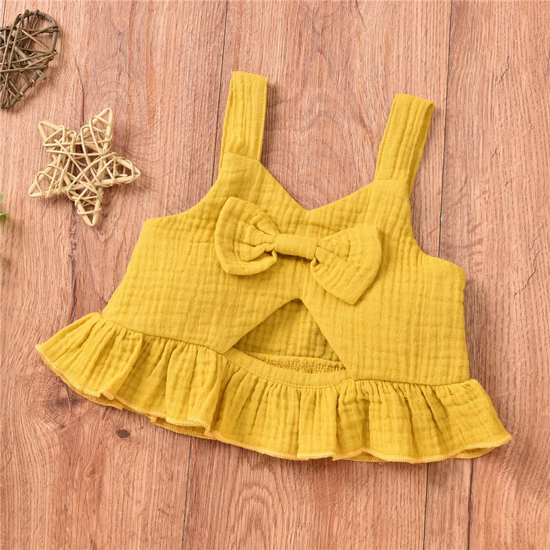 

2Pcs 0-12Month Newborn Baby Girls Solid Color Clothes Sets,Infant Toddler Girl Cutout V-neck Ruffle Tank Top with Bowknot+Shorts