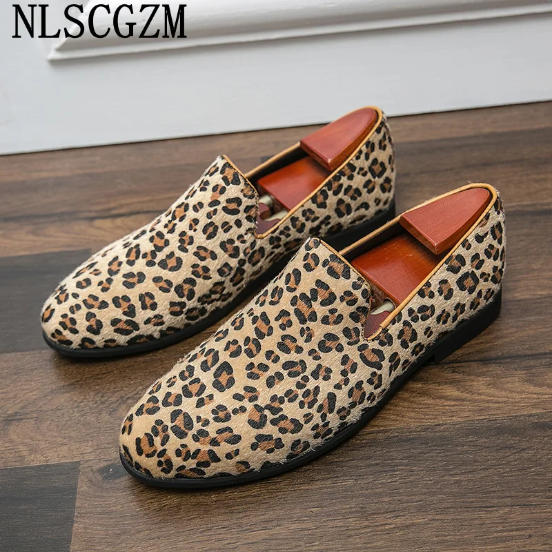 Туфли-оксфорды мужские с мехом классические леопардовые лоферы без застежки для