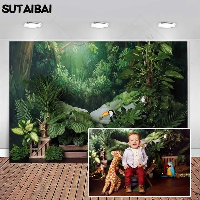 

Wild Jungle Safari Photography Background Baby Party Decor Green Plants Forest Animals Child Cake Smash Backdrops Photo Studio