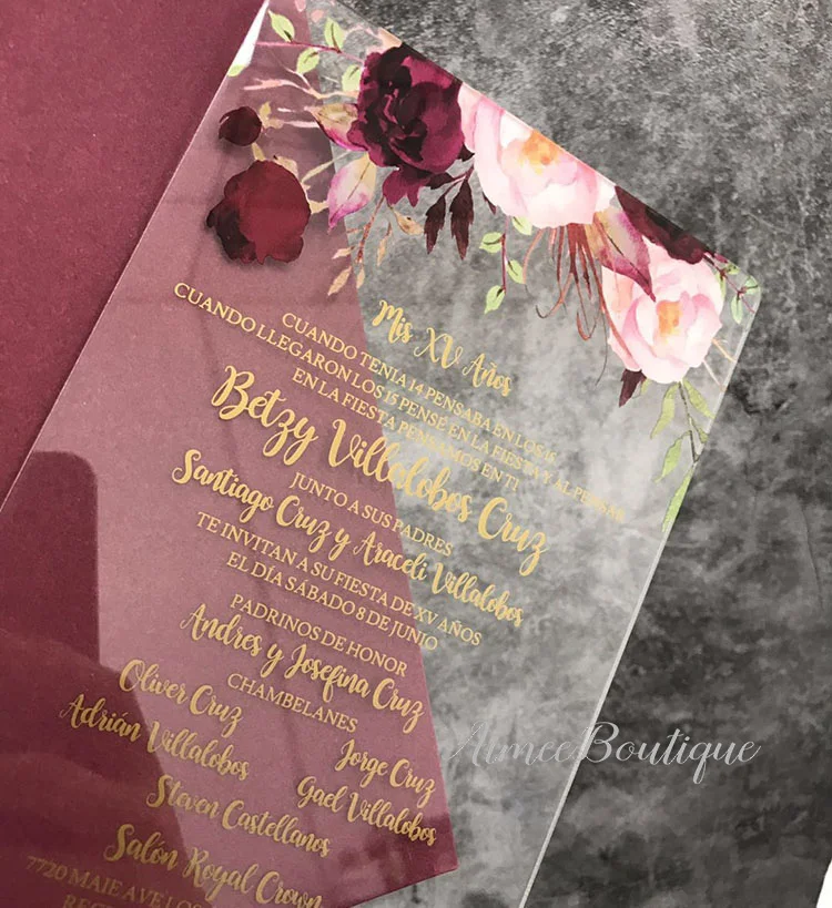 Бордовые Цветочные акриловые свадебные приглашения AI017 | Дом и сад