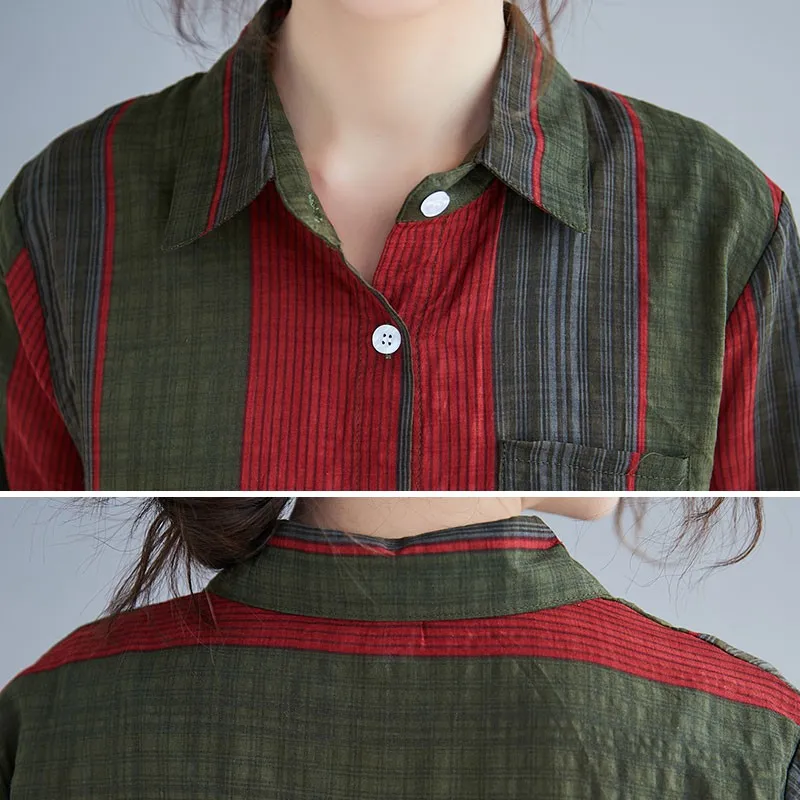 

100% Cotton Women Casual Shirts New 2021 Spring Simple Style Vintage Striped Turn-down Collar Female Long Sleeve Tops S3202