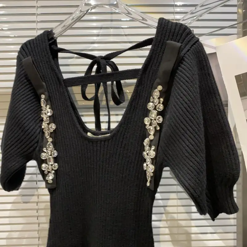 

2021 Summer New Rhinestone Beaded V-neck Knitted Women Dress Lace-up Puff Sleeve Elegant Socialite Black Mid-length Party Dress