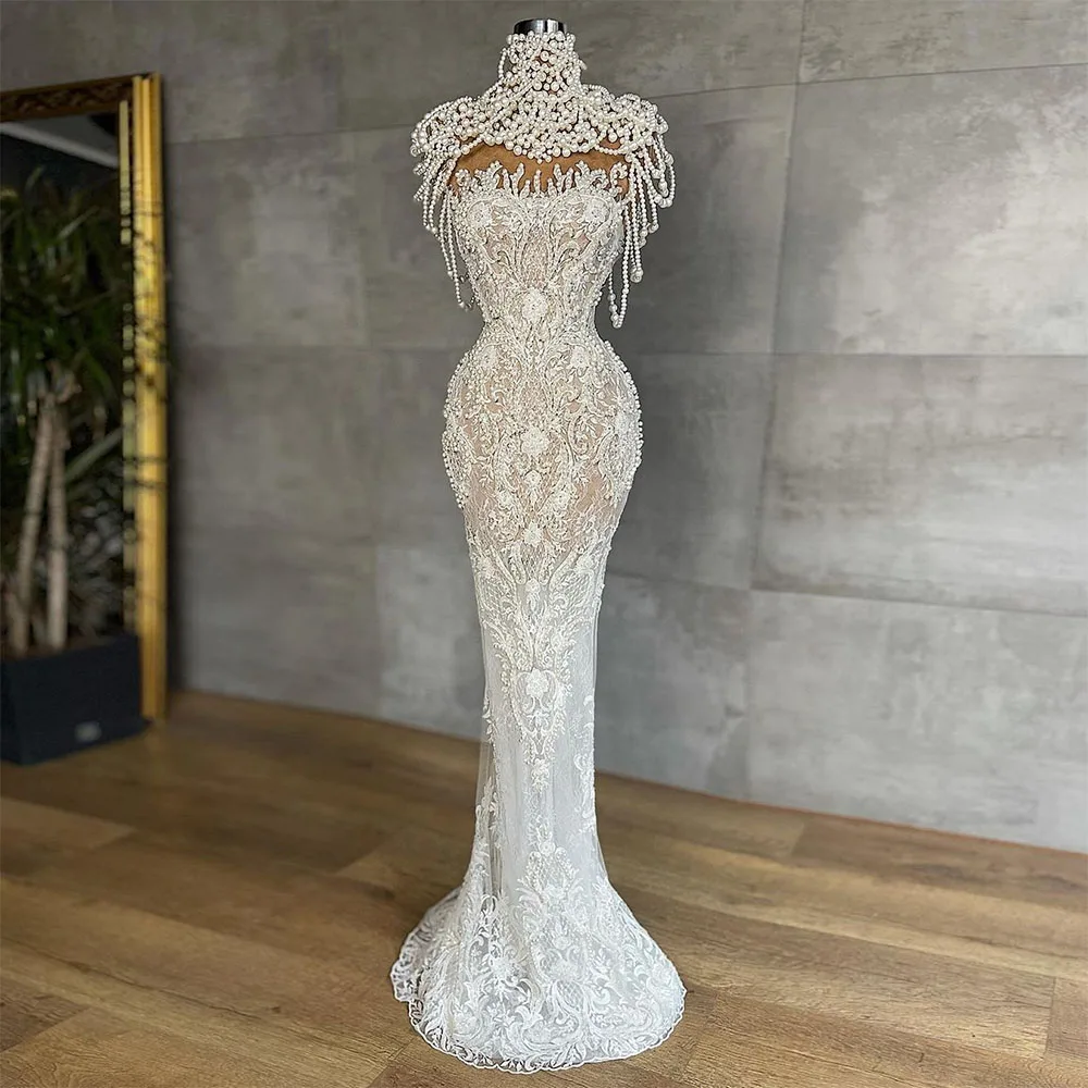 

Sevintage Gorgeous Beading Pearls Mermaid Prom Dresses Lace Appliques Tassel Evening Gowns Saudi Arabic Formal Party Dress