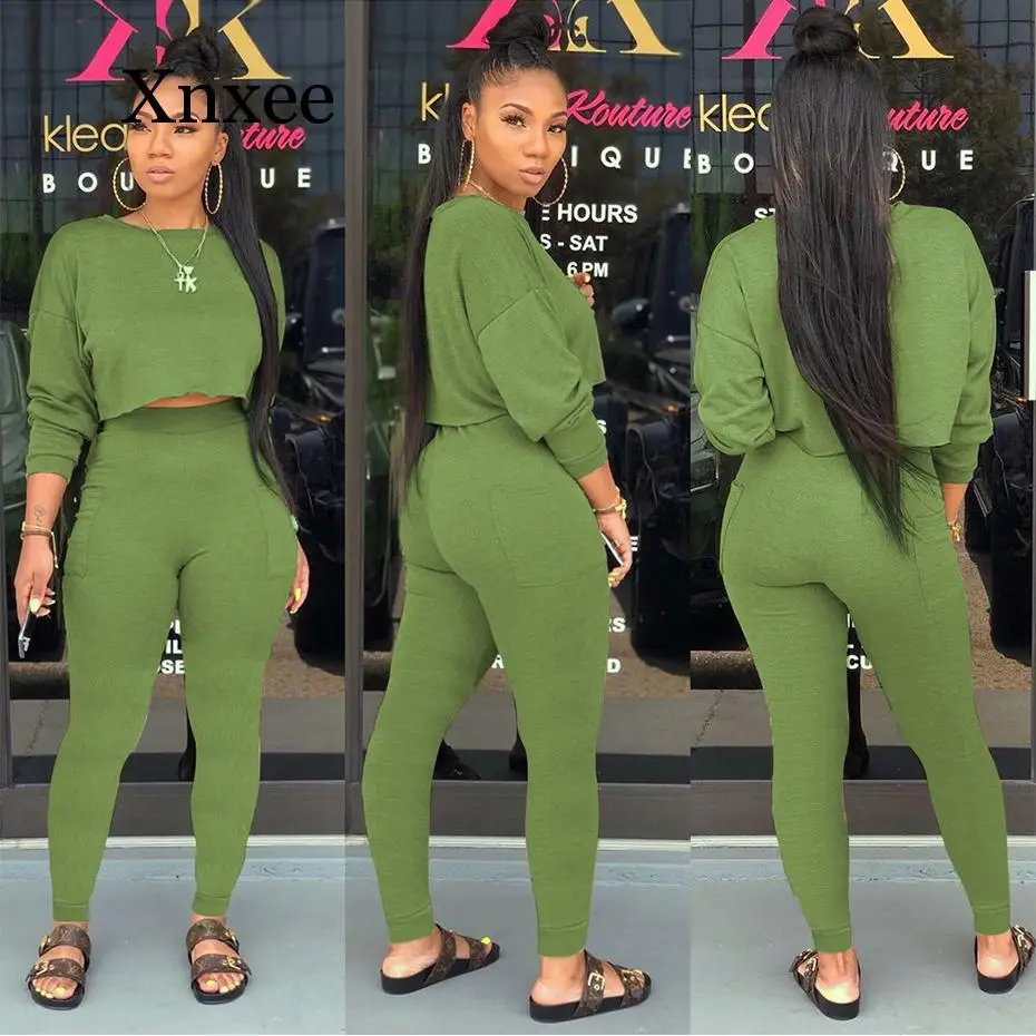 

Женский спортивный костюм, комплект из 2 предметов, Свободный укороченный топ с длинным рукавом и штаны, осенняя одежда