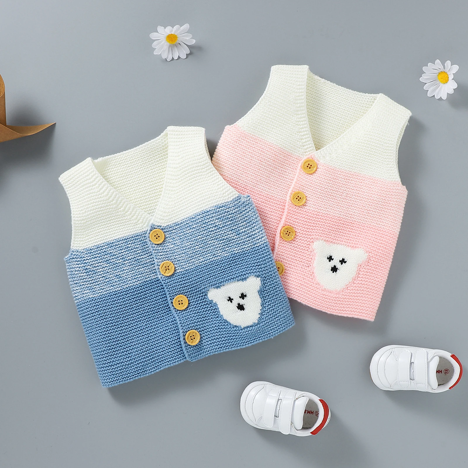 

Повседневный Трикотажный жилет для малышей, жаккардовый кардиган без рукавов с милым мультяшным медведем и V-образным вырезом, одежда для м...