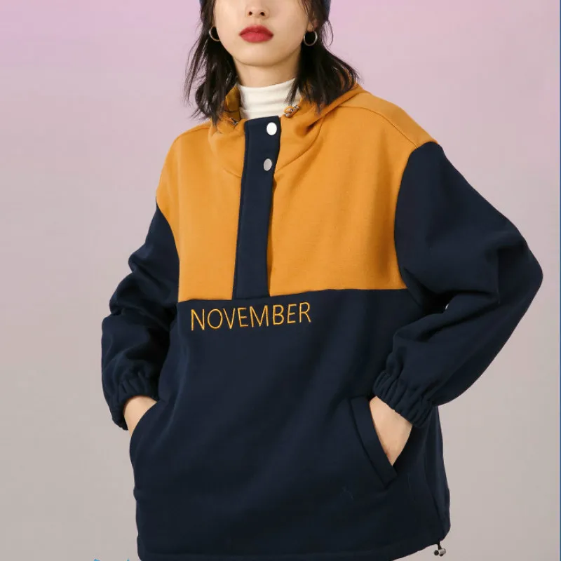 

Plush Zipper Hoodie Lady Loose Letter Button Streetwear Button Women Winter Crop Top Sudaderas De Mujer Female Clothing ED50MS